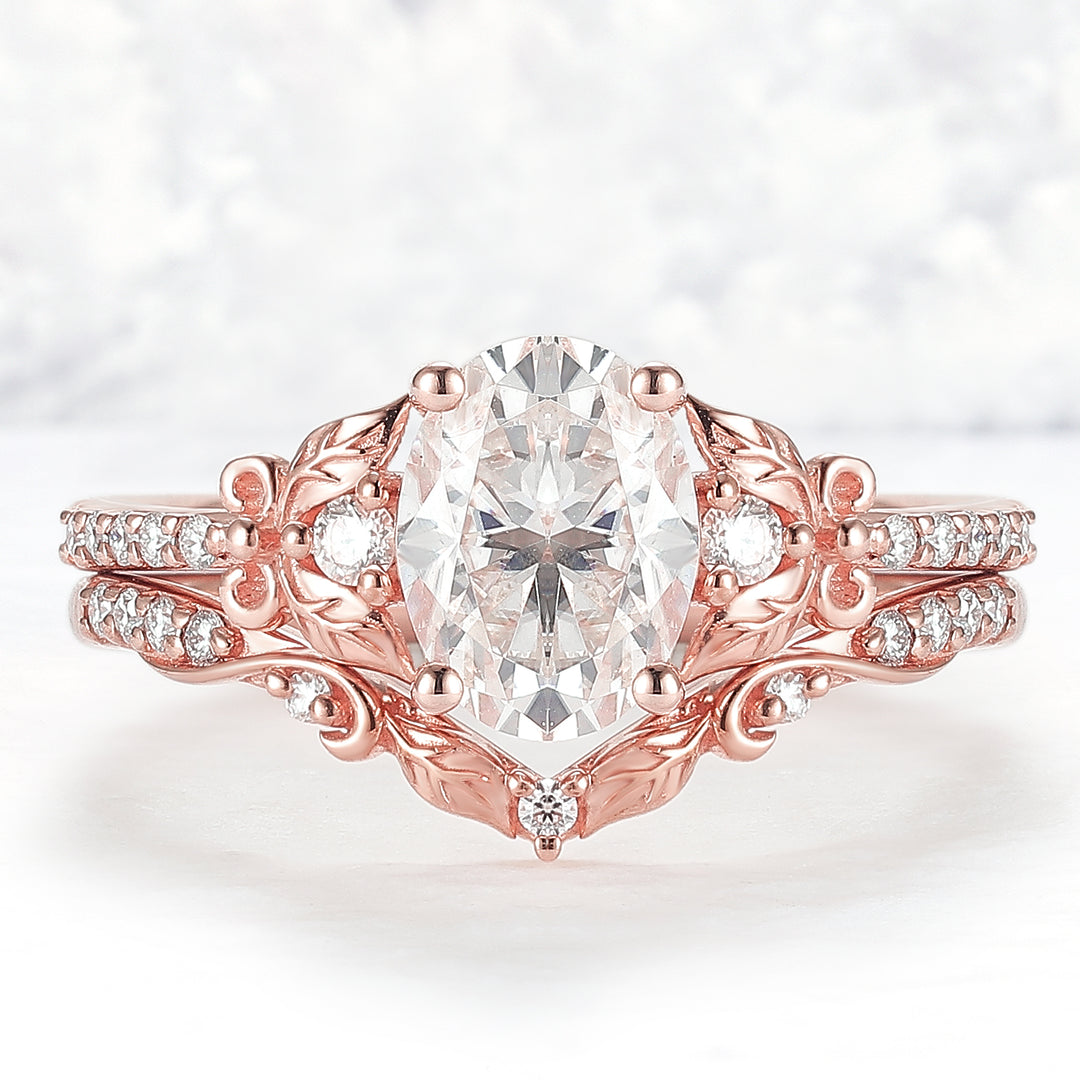 Natural Inspired Oval Cut Moissanite Twig Buds Ring Set 2pcs