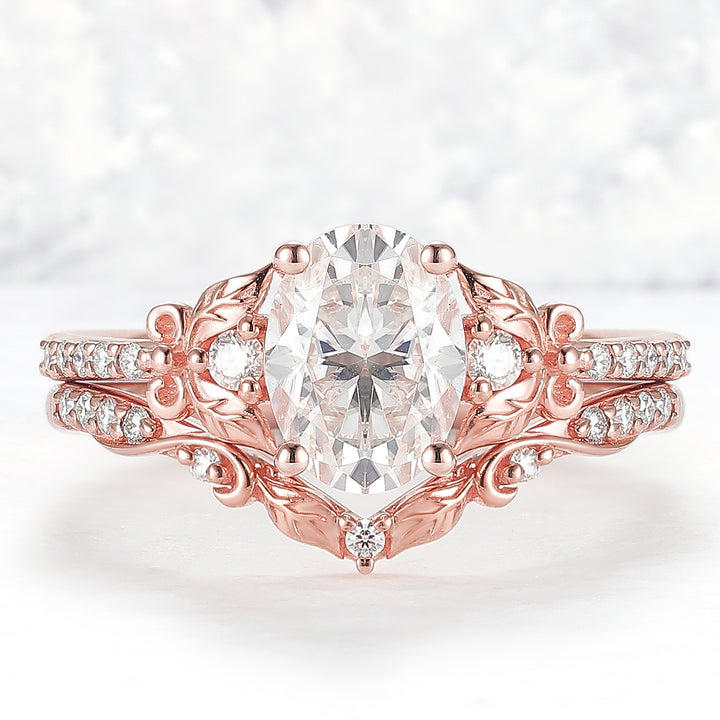 Natural Inspired Oval Cut Moissanite Twig Buds Ring Set 2pcs