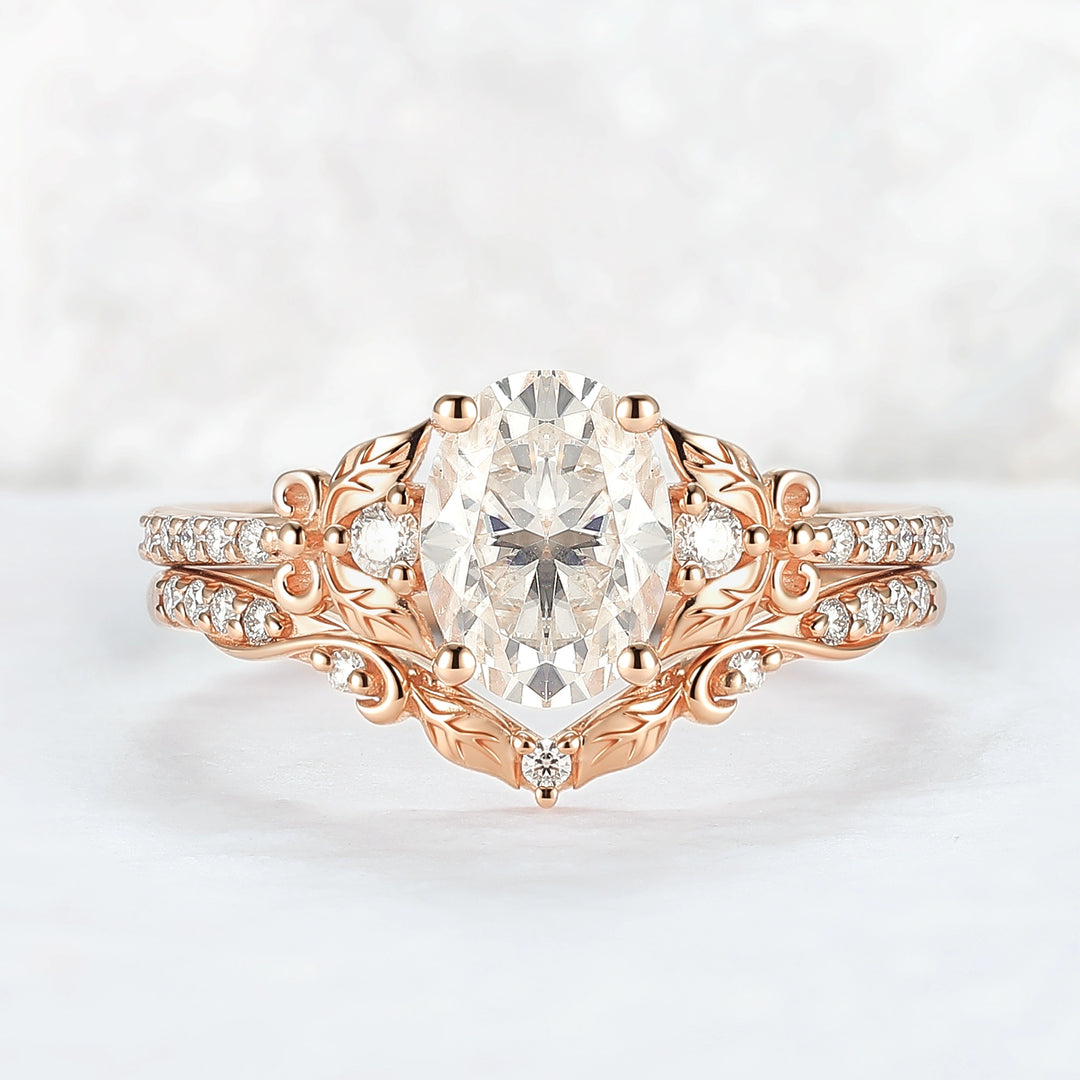 Natural Inspired Oval Cut Moissanite Twig Buds Ring Set 2pcs