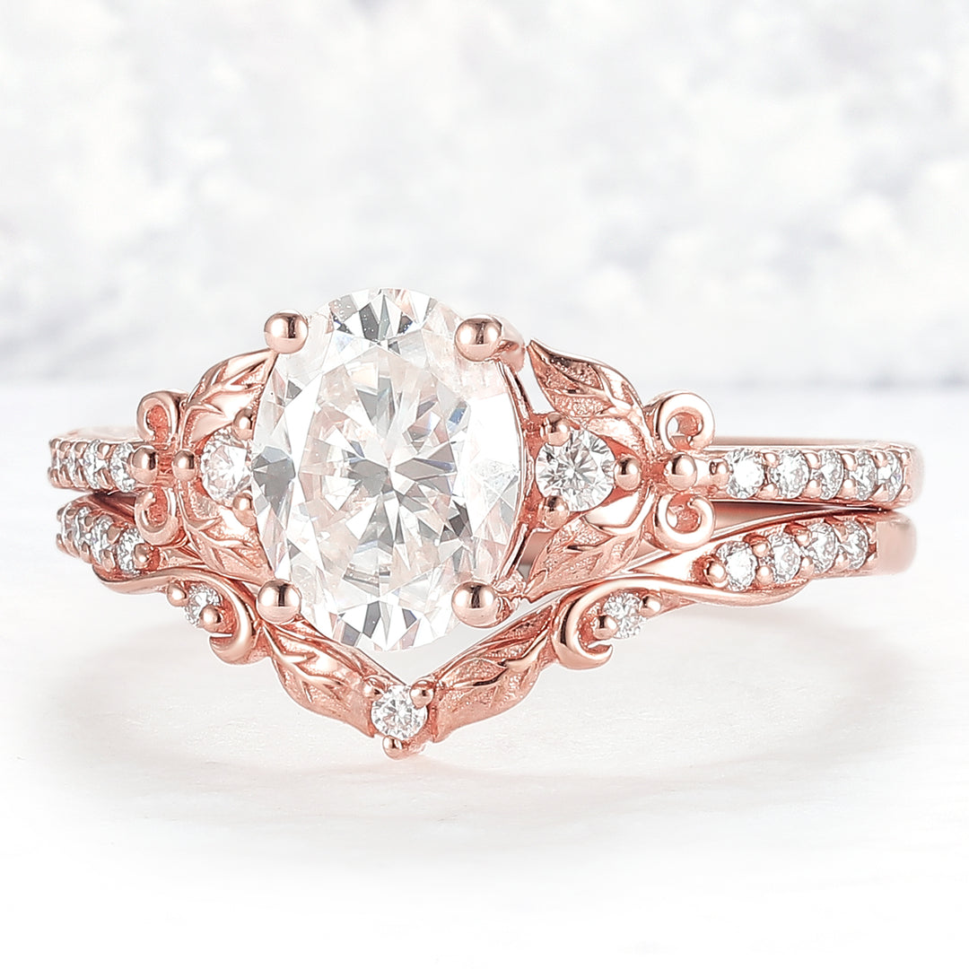 Natural Inspired Oval Cut Moissanite Twig Buds Ring Set 2pcs
