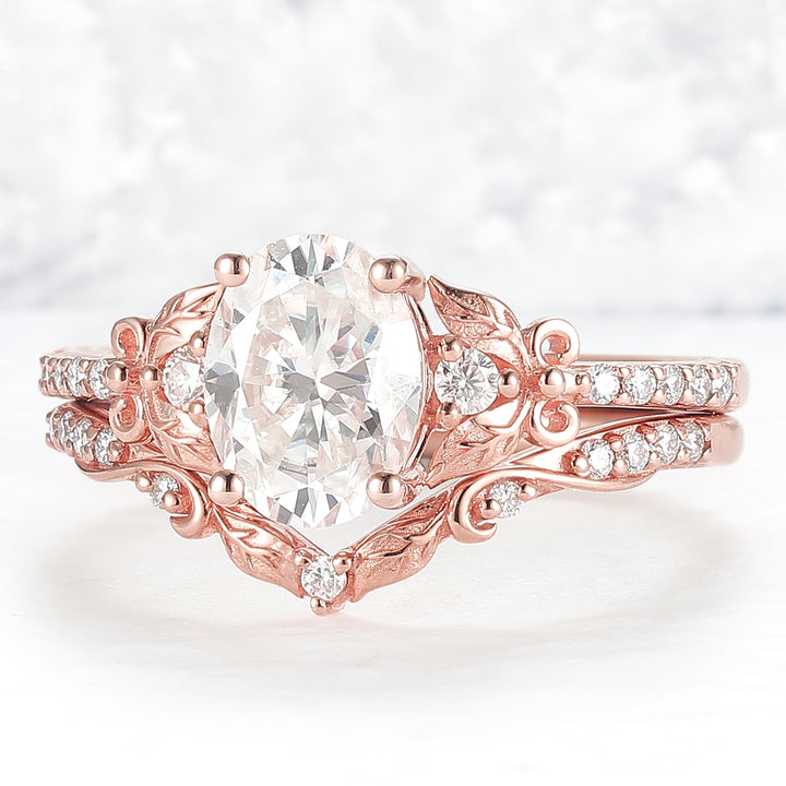 Natural Inspired Oval Cut Moissanite Twig Buds Ring Set 2pcs