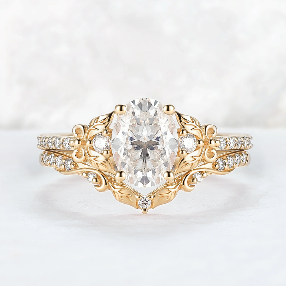 Natural Inspired Oval Cut Moissanite Twig Buds Ring Set 2pcs