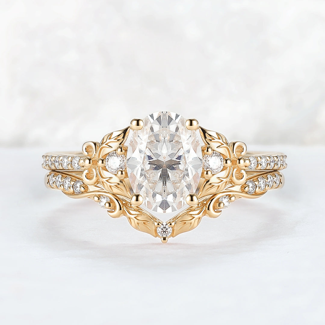 Natural Inspired Oval Cut Moissanite Twig Buds Ring Set 2pcs