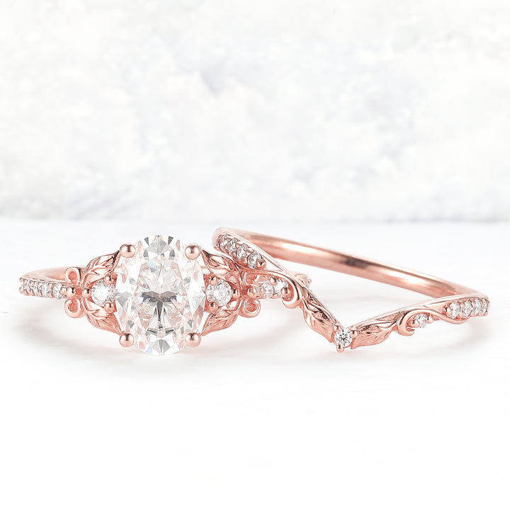Natural Inspired Oval Cut Moissanite Twig Buds Ring Set 2pcs