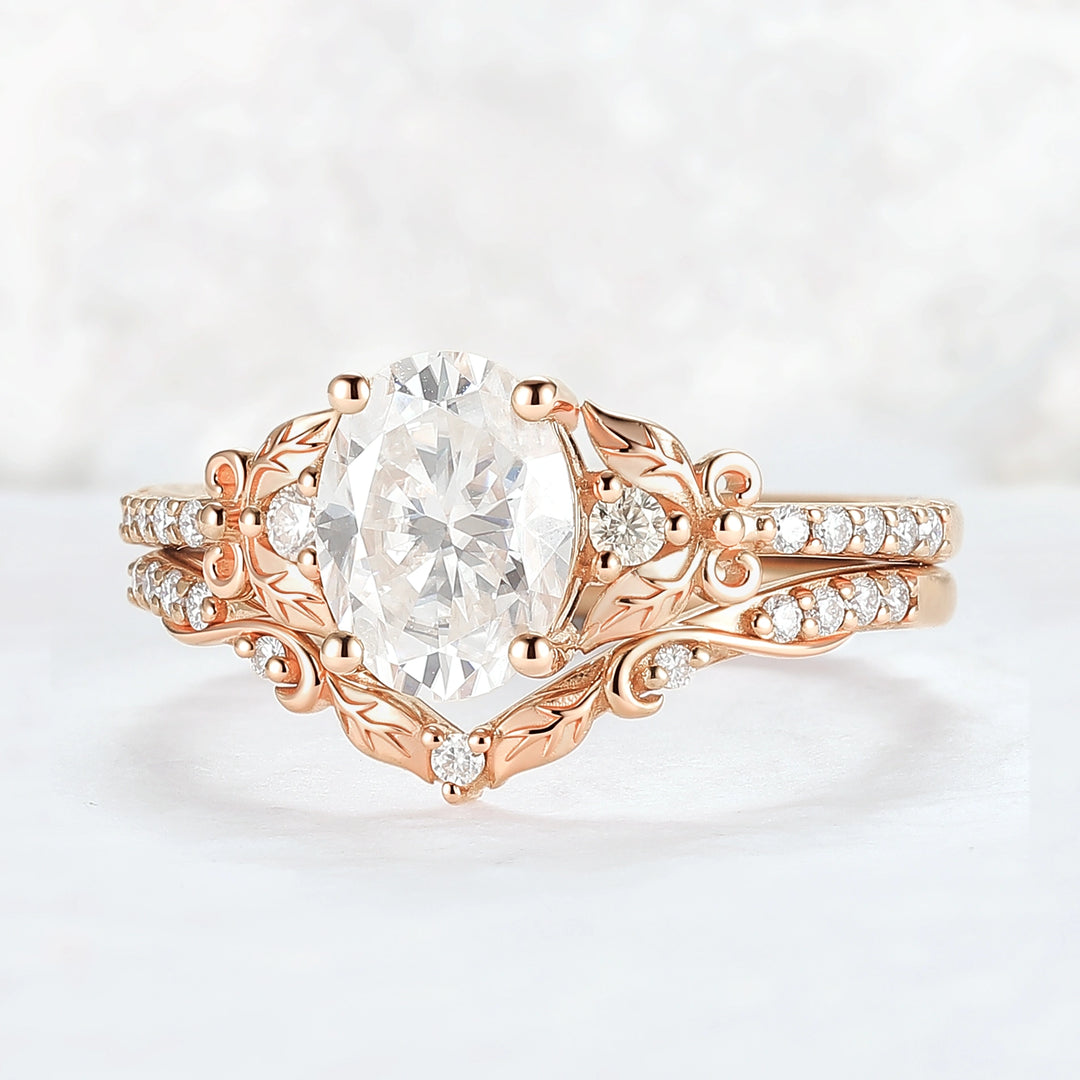 Natural Inspired Oval Cut Moissanite Twig Buds Ring Set 2pcs