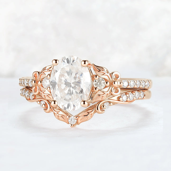 Natural Inspired Oval Cut Moissanite Twig Buds Ring Set 2pcs