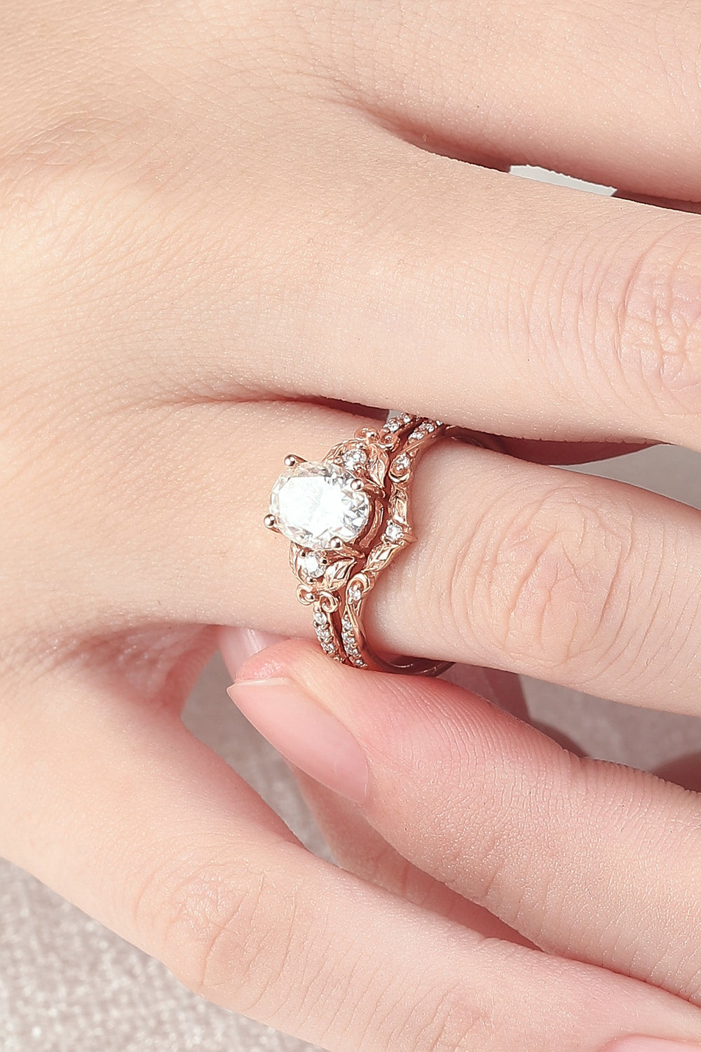 Natural Inspired Oval Cut Moissanite Twig Buds Ring Set 2pcs