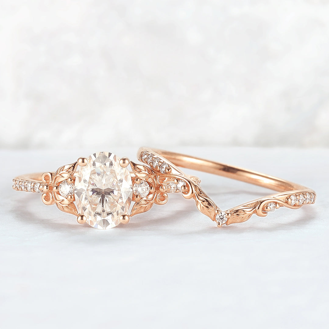 Natural Inspired Oval Cut Moissanite Twig Buds Ring Set 2pcs