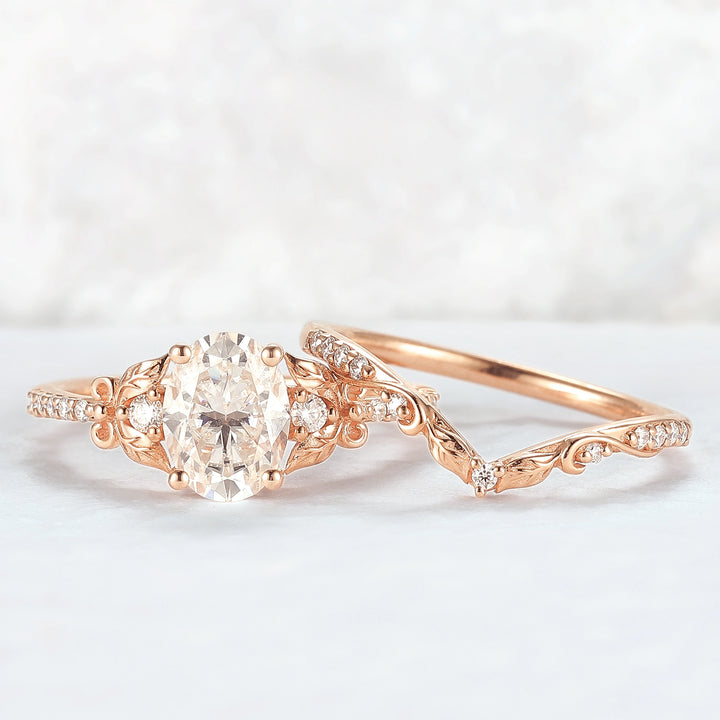 Natural Inspired Oval Cut Moissanite Twig Buds Ring Set 2pcs
