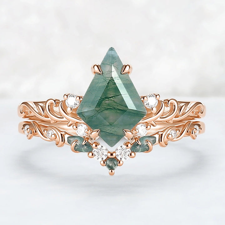Natural Kite Cut Moss Agate Vine Tendril Engagement Ring Set 2pcs