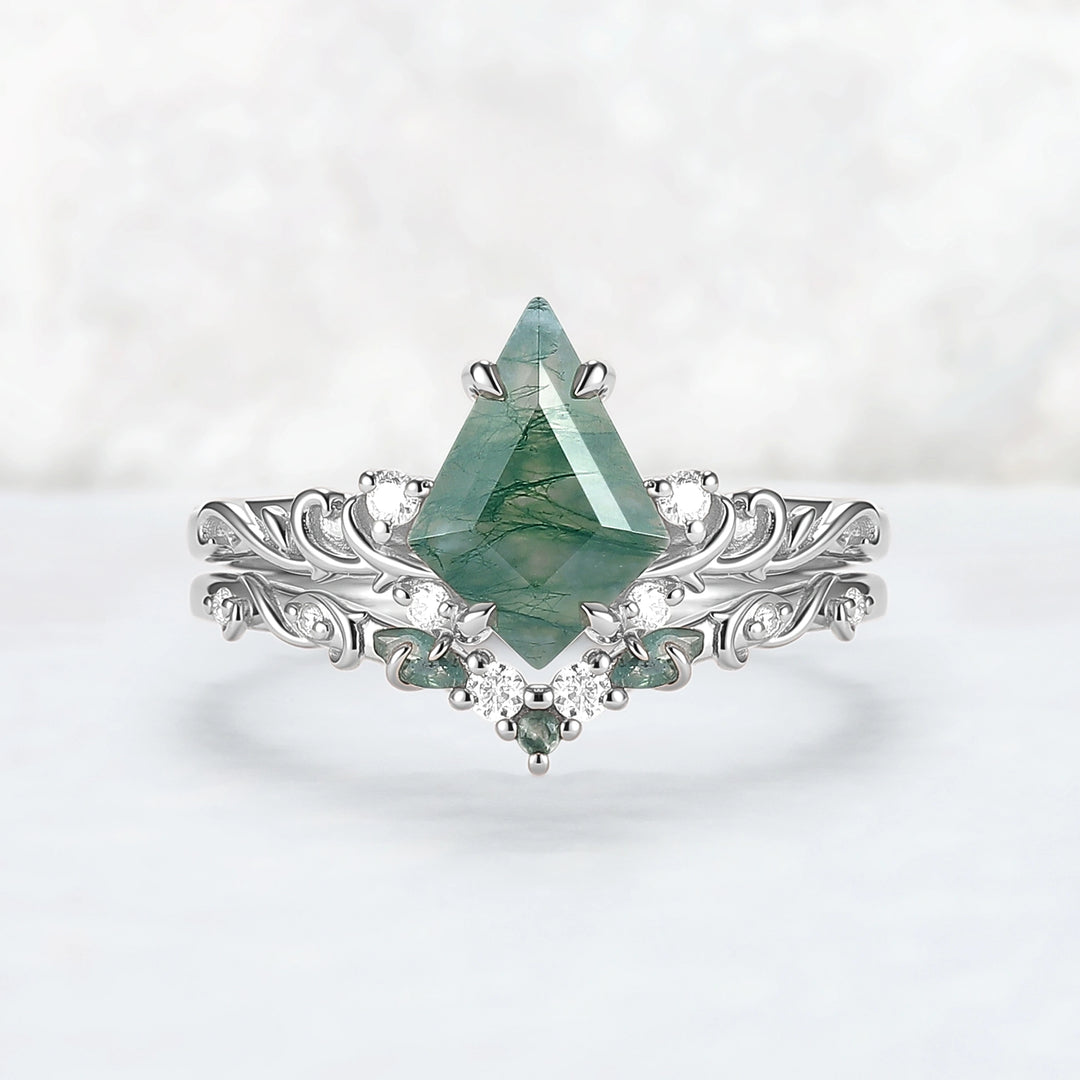 Natural Kite Cut Moss Agate Vine Tendril Engagement Ring Set 2pcs