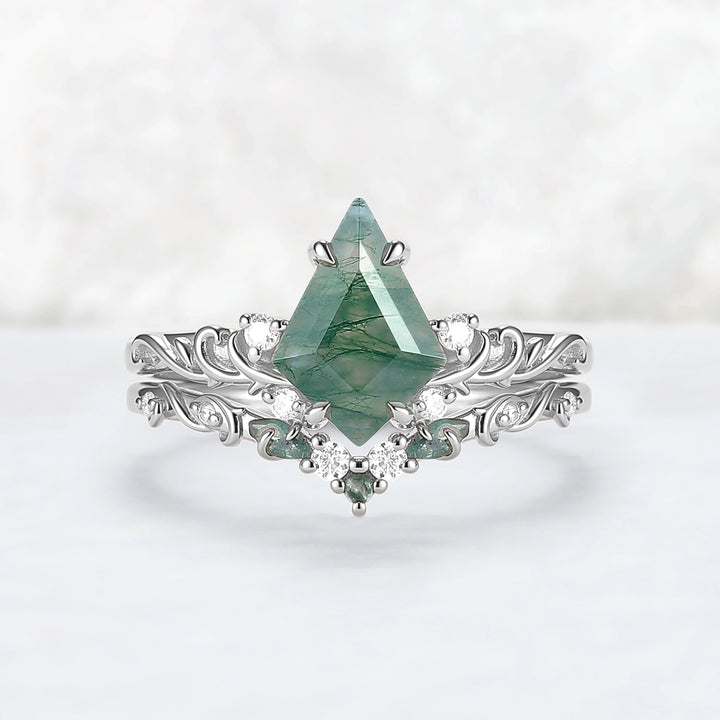 Natural Kite Cut Moss Agate Vine Tendril Engagement Ring Set 2pcs