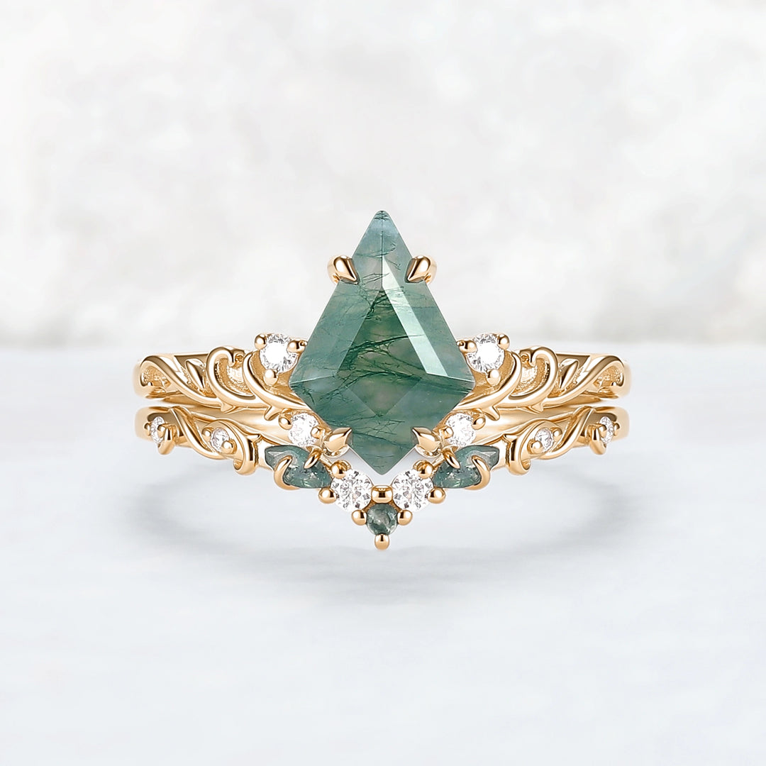 Natural Kite Cut Moss Agate Vine Tendril Engagement Ring Set 2pcs
