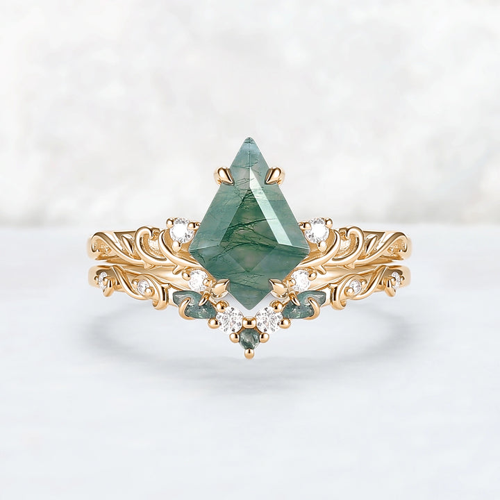 Natural Kite Cut Moss Agate Vine Tendril Engagement Ring Set 2pcs