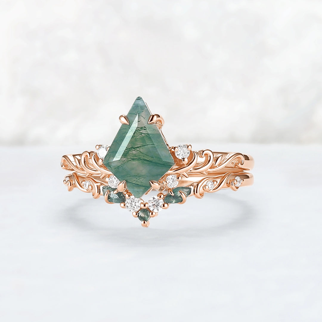 Natural Kite Cut Moss Agate Vine Tendril Engagement Ring Set 2pcs