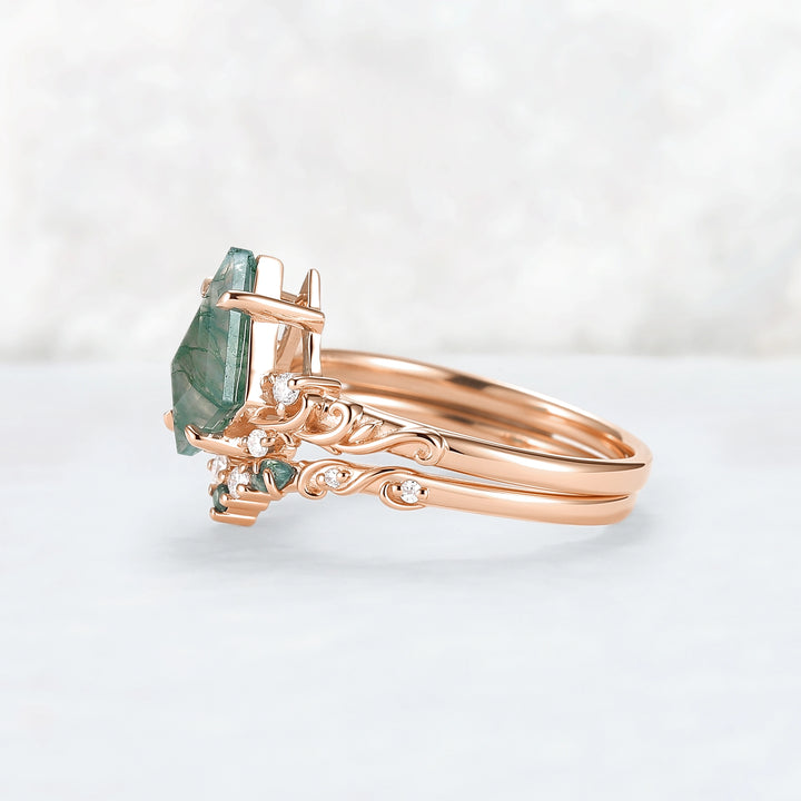 Natural Kite Cut Moss Agate Vine Tendril Engagement Ring Set 2pcs