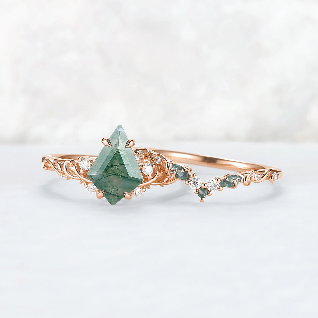 Natural Kite Cut Moss Agate Vine Tendril Engagement Ring Set 2pcs
