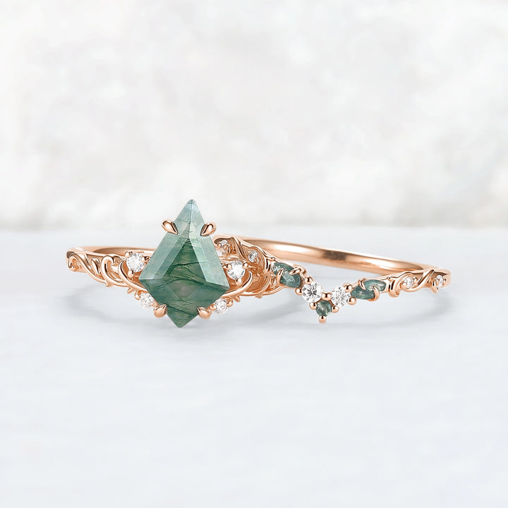 Natural Kite Cut Moss Agate Vine Tendril Engagement Ring Set 2pcs