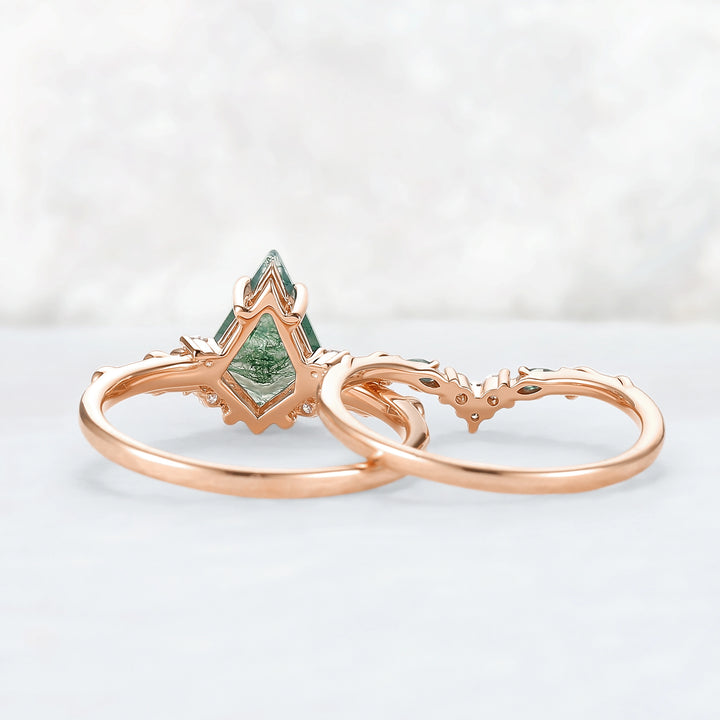 Natural Kite Cut Moss Agate Vine Tendril Engagement Ring Set 2pcs