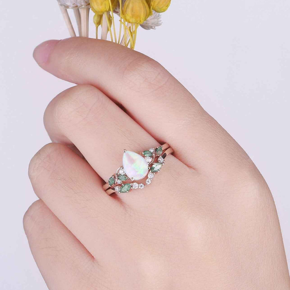 Natural Pear Shaped Opal Vine Ring Set 2pcs