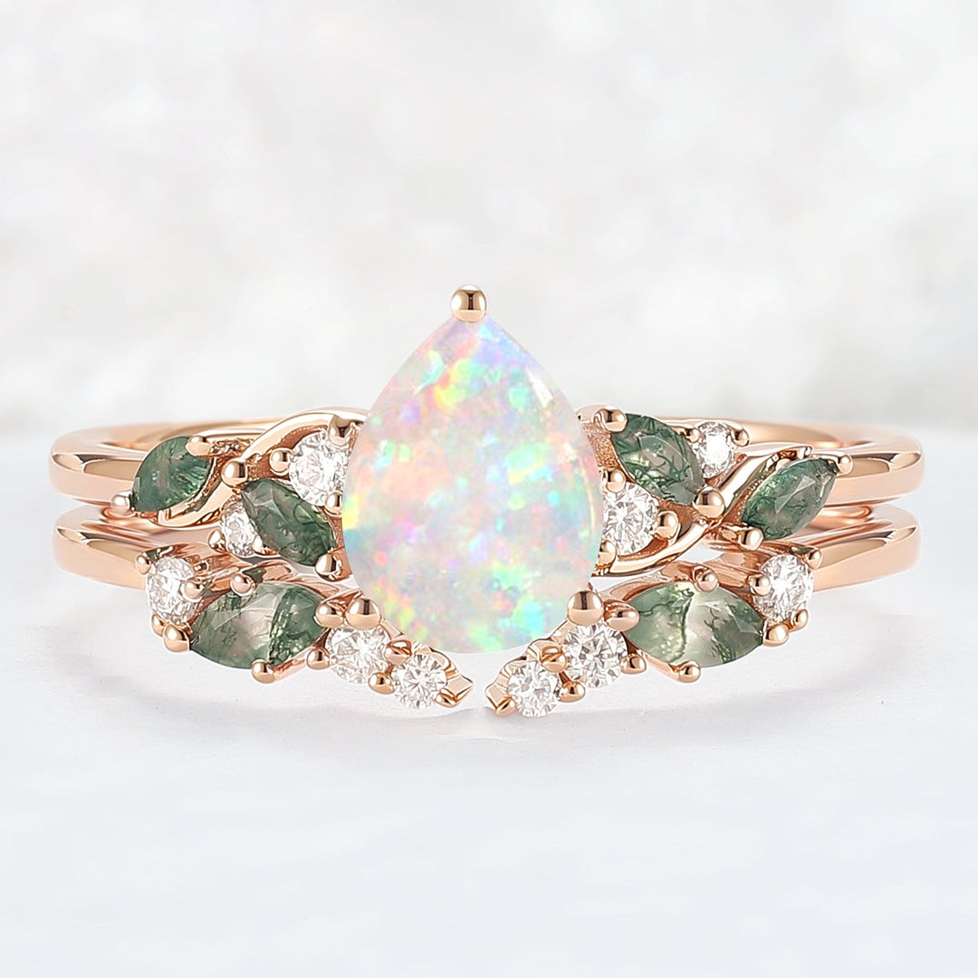 Natural Pear Shaped Opal Vine Ring Set 2pcs