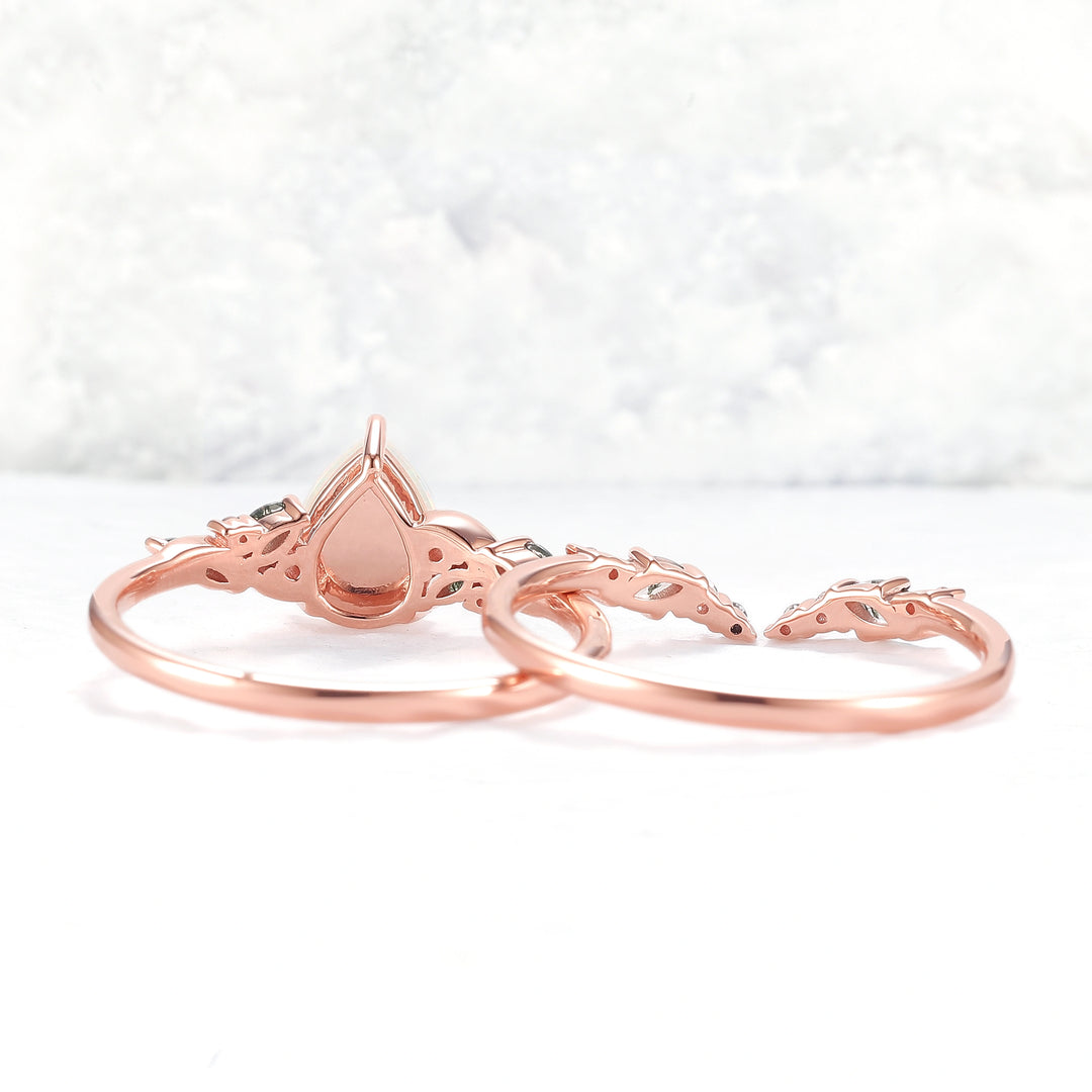 Natural Pear Shaped Opal Vine Ring Set 2pcs