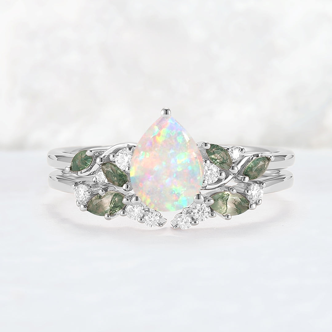 Natural Pear Shaped Opal Vine Ring Set 2pcs