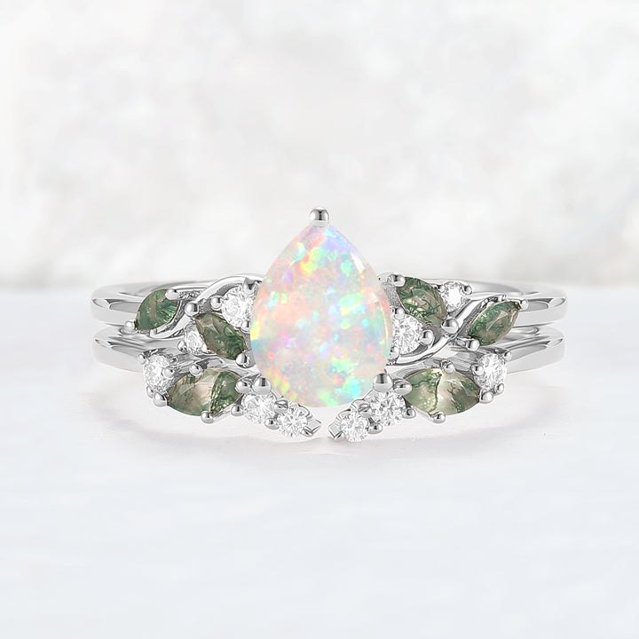 Natural Pear Shaped Opal Vine Ring Set 2pcs