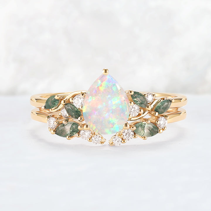Natural Pear Shaped Opal Vine Ring Set 2pcs