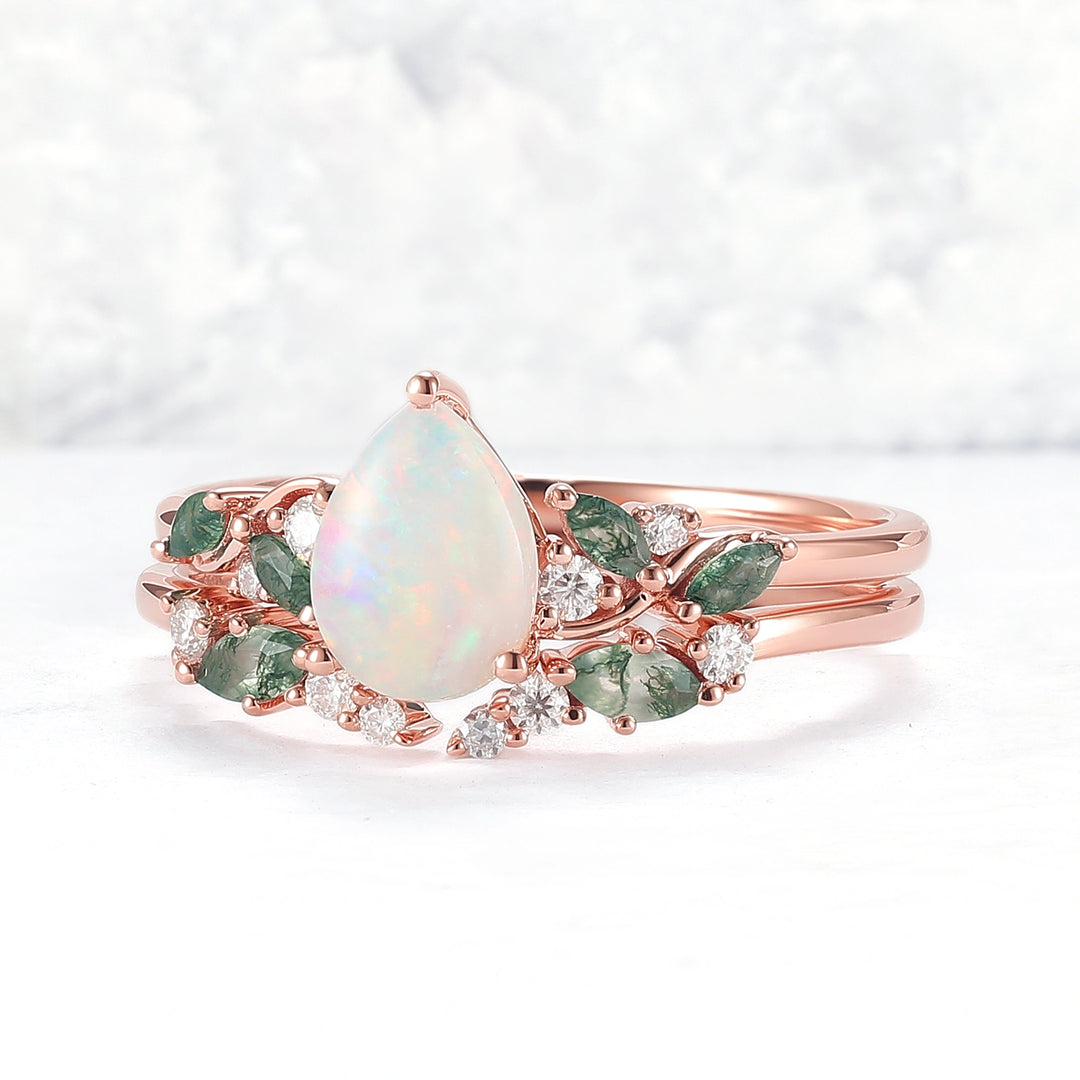 Natural Pear Shaped Opal Vine Ring Set 2pcs