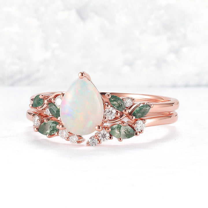 Natural Pear Shaped Opal Vine Ring Set 2pcs