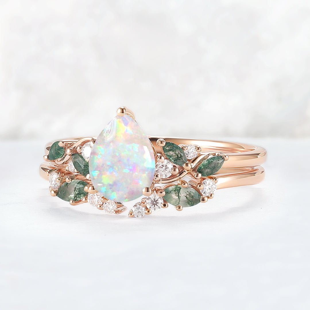 Natural Pear Shaped Opal Vine Ring Set 2pcs