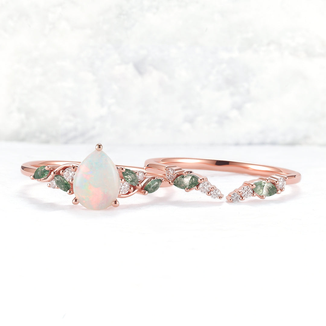 Natural Pear Shaped Opal Vine Ring Set 2pcs