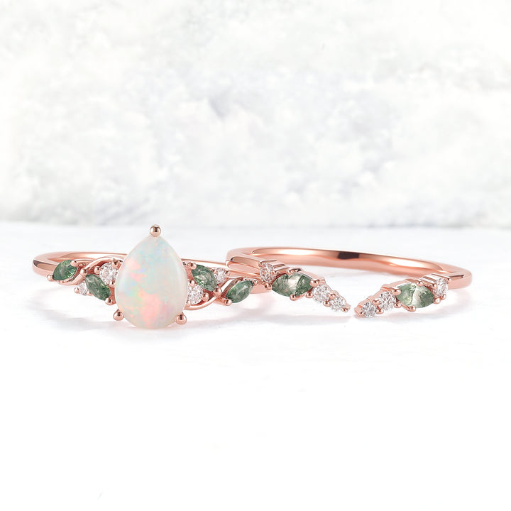 Natural Pear Shaped Opal Vine Ring Set 2pcs