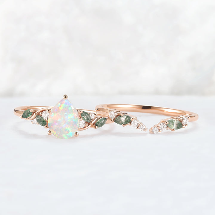 Natural Pear Shaped Opal Vine Ring Set 2pcs