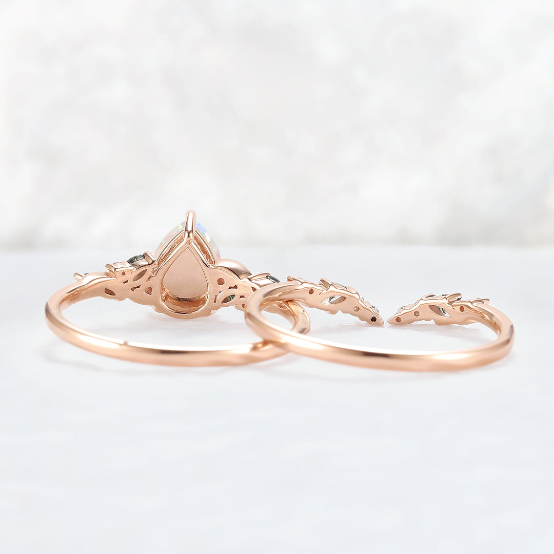 Natural Pear Shaped Opal Vine Ring Set 2pcs