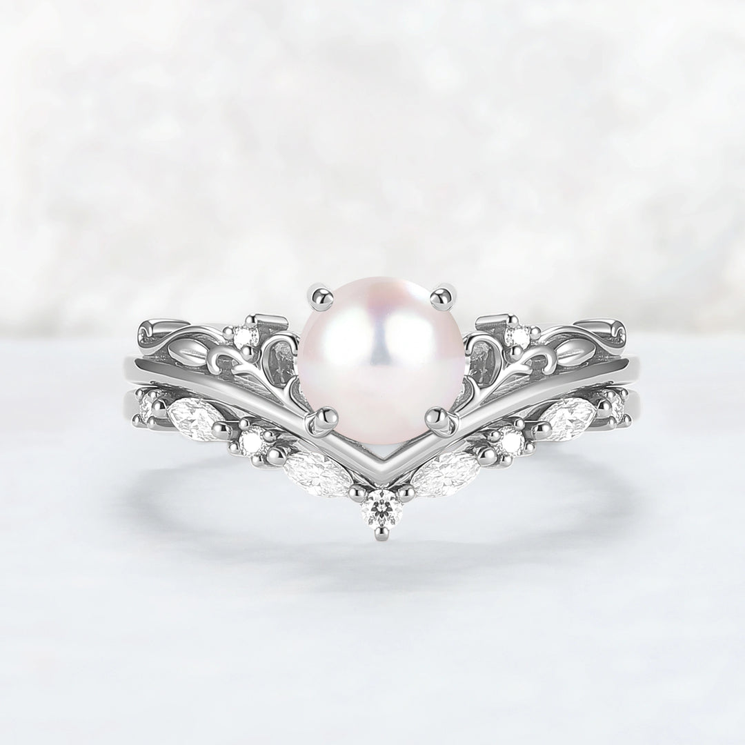 Nature Inspired Akoya Pearl Engagement Ring Set 2pcs