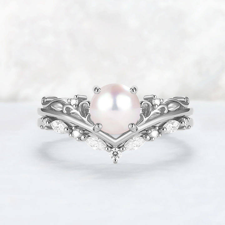 Nature Inspired Akoya Pearl Engagement Ring Set 2pcs