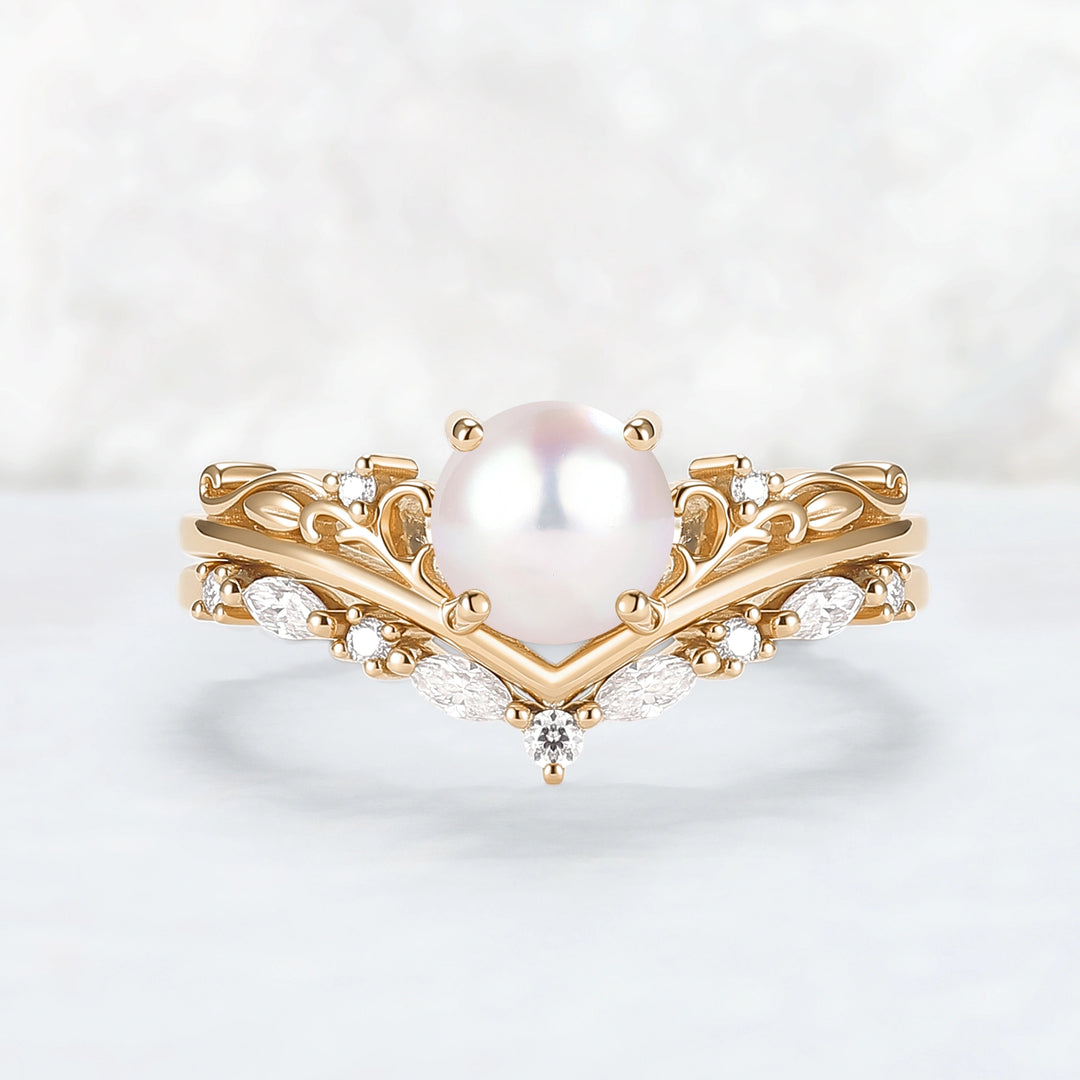Nature Inspired Akoya Pearl Engagement Ring Set 2pcs