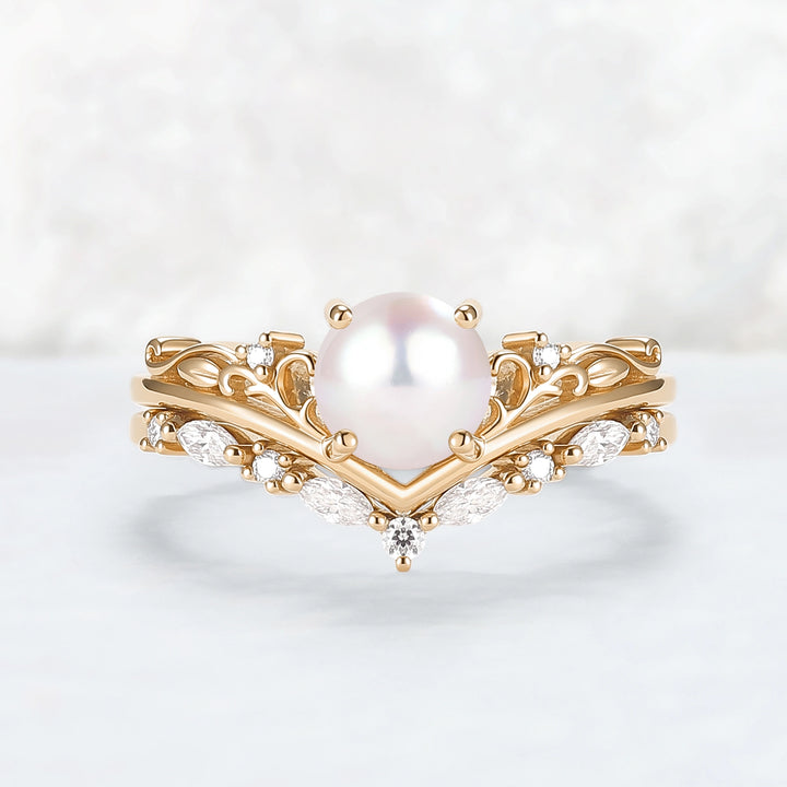 Nature Inspired Akoya Pearl Engagement Ring Set 2pcs