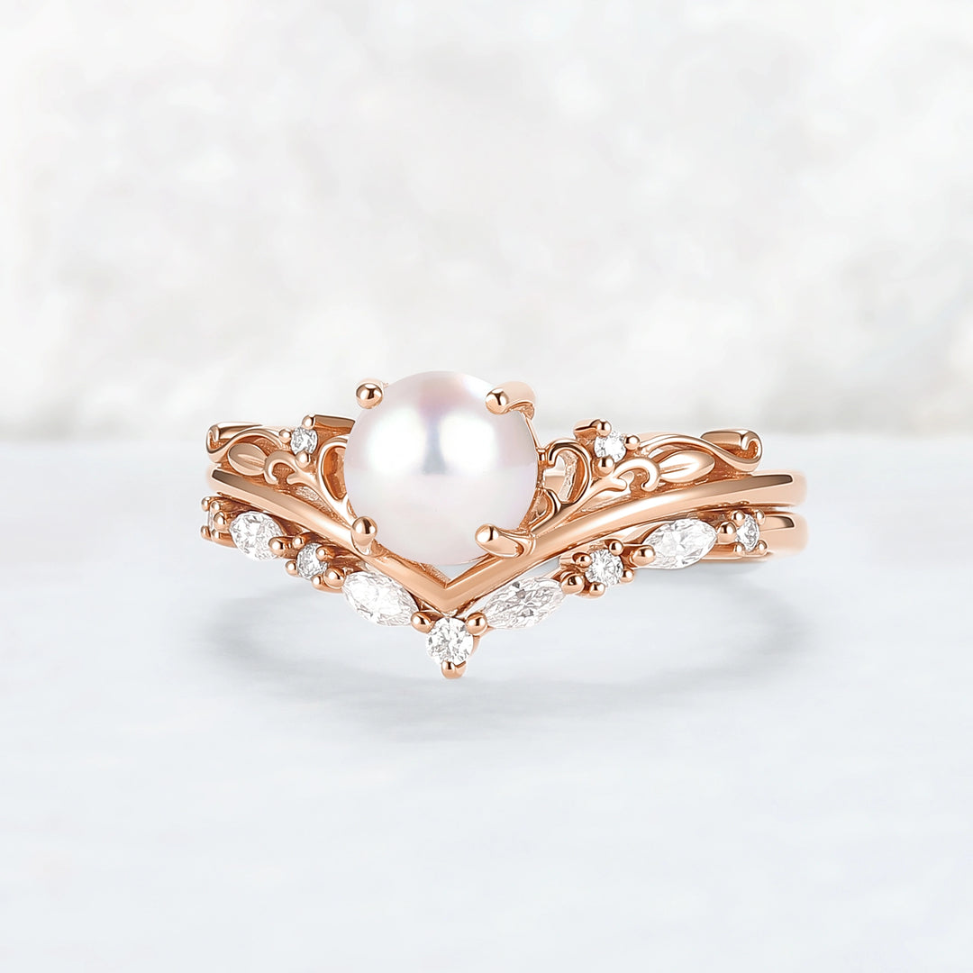 Nature Inspired Akoya Pearl Engagement Ring Set 2pcs