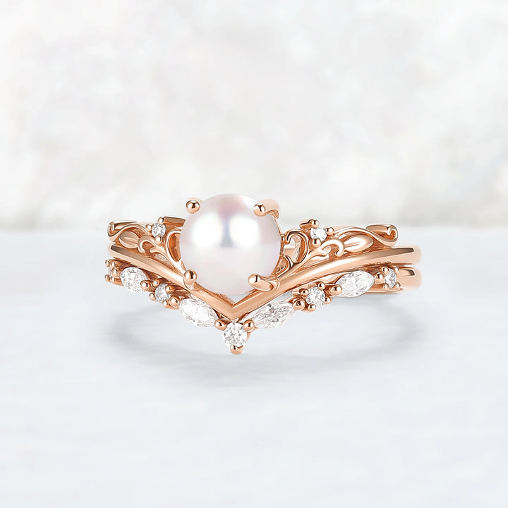 Nature Inspired Akoya Pearl Engagement Ring Set 2pcs