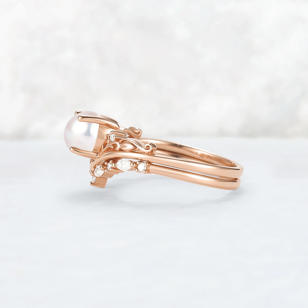 Nature Inspired Akoya Pearl Engagement Ring Set 2pcs