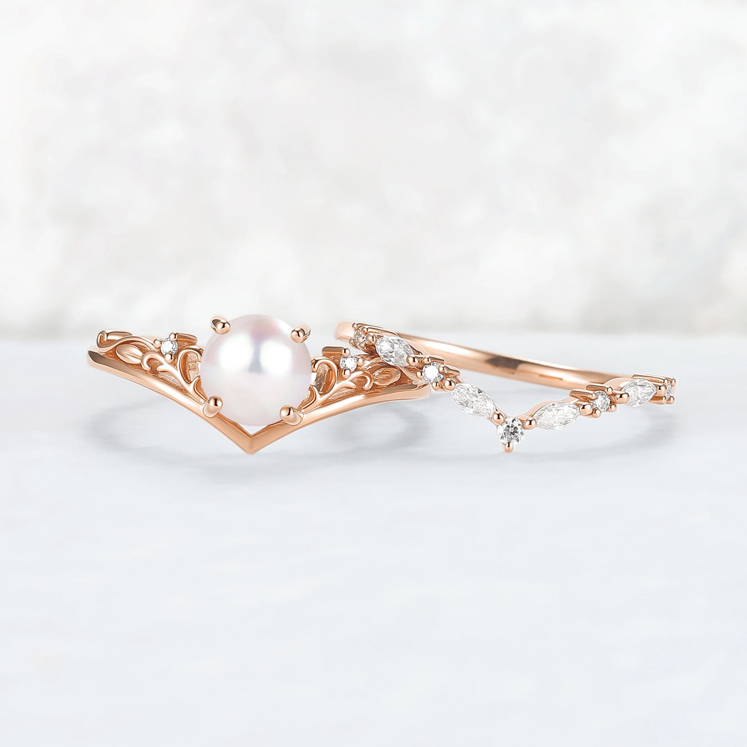 Nature Inspired Akoya Pearl Engagement Ring Set 2pcs