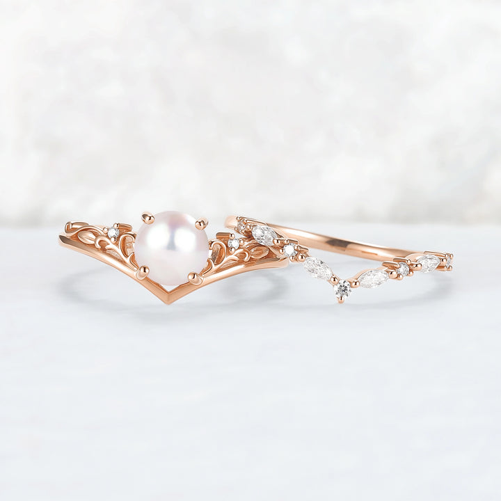 Nature Inspired Akoya Pearl Engagement Ring Set 2pcs