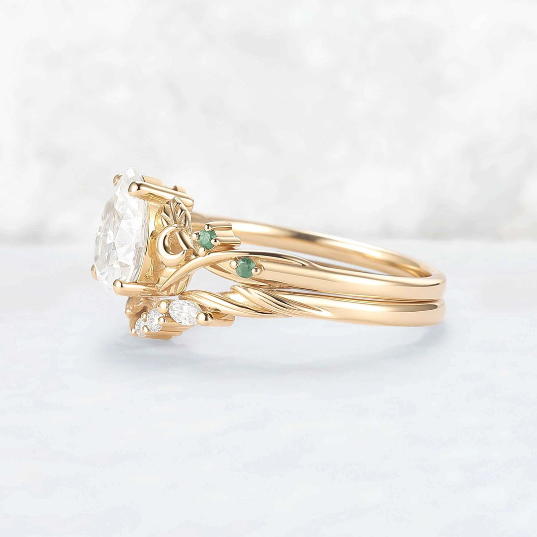 Nature-Inspired Moon & Bud Design Moissanite with Moss agate Engagement Ring Set - 2pcs