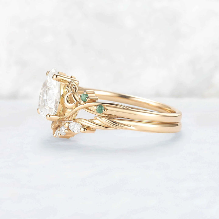 Nature-Inspired Moon & Bud Design Moissanite with Moss agate Engagement Ring Set - 2pcs