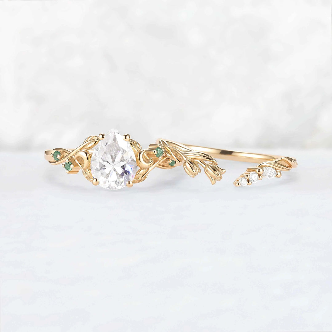 Nature-Inspired Moon & Bud Design Moissanite with Moss agate Engagement Ring Set - 2pcs