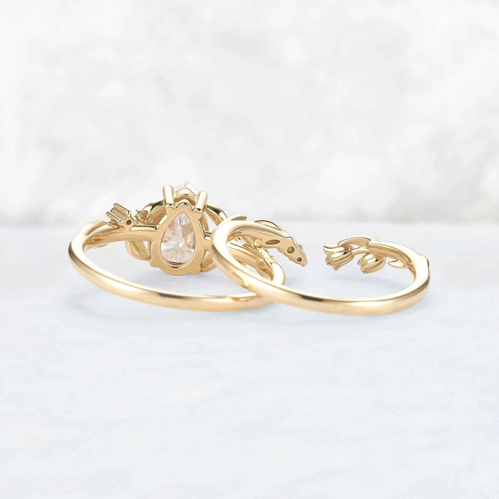 Nature-Inspired Moon & Bud Design Moissanite with Moss agate Engagement Ring Set - 2pcs