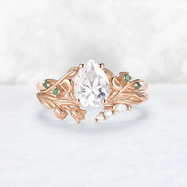 Nature-Inspired Moon & Bud Design Moissanite with Moss agate Engagement Ring Set - 2pcs